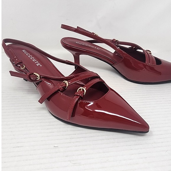 MUCCCUTE Red Patent Leather Slingback Kitten Heels Pointed Buckle Shoes Size 8 - Picture 2 of 10